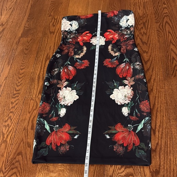 Express floral on black Strapless Sheath bodycon midi Dress formal zippered  12 - Picture 13 of 15